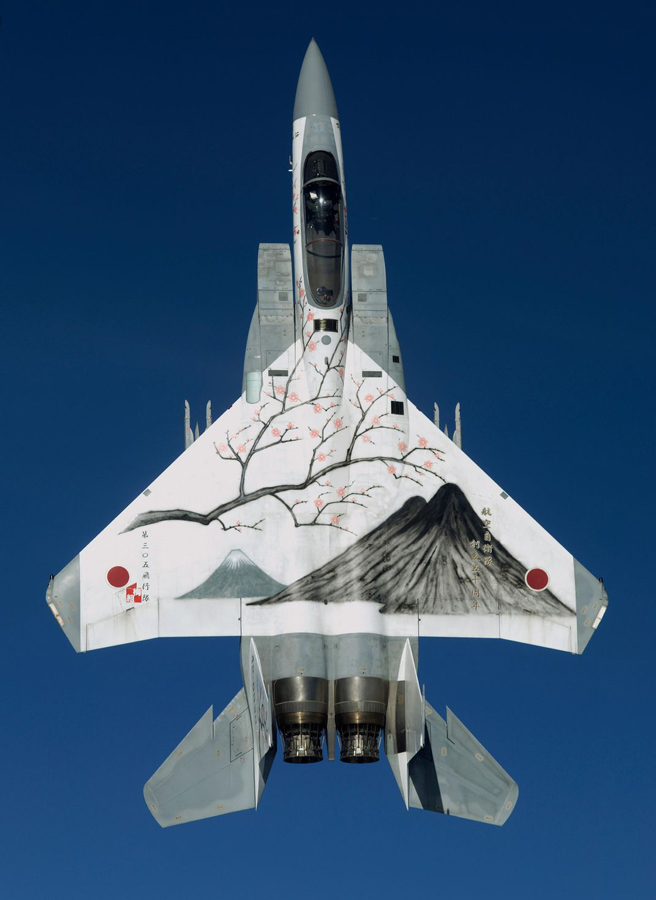 Un Boeing F15 aparținând Japan Air Self Defense Force înfățișând Muntele Fuji, Muntele Tsukaba și ramuri de cireș înflorit în timp ce zboră deasupra orașului Haykuri, Japonia, în 2005. Aeronava a fost pictată în Nihonga în stil tradițional japonez pentru aniversarea de 50 de ani a JASDF
